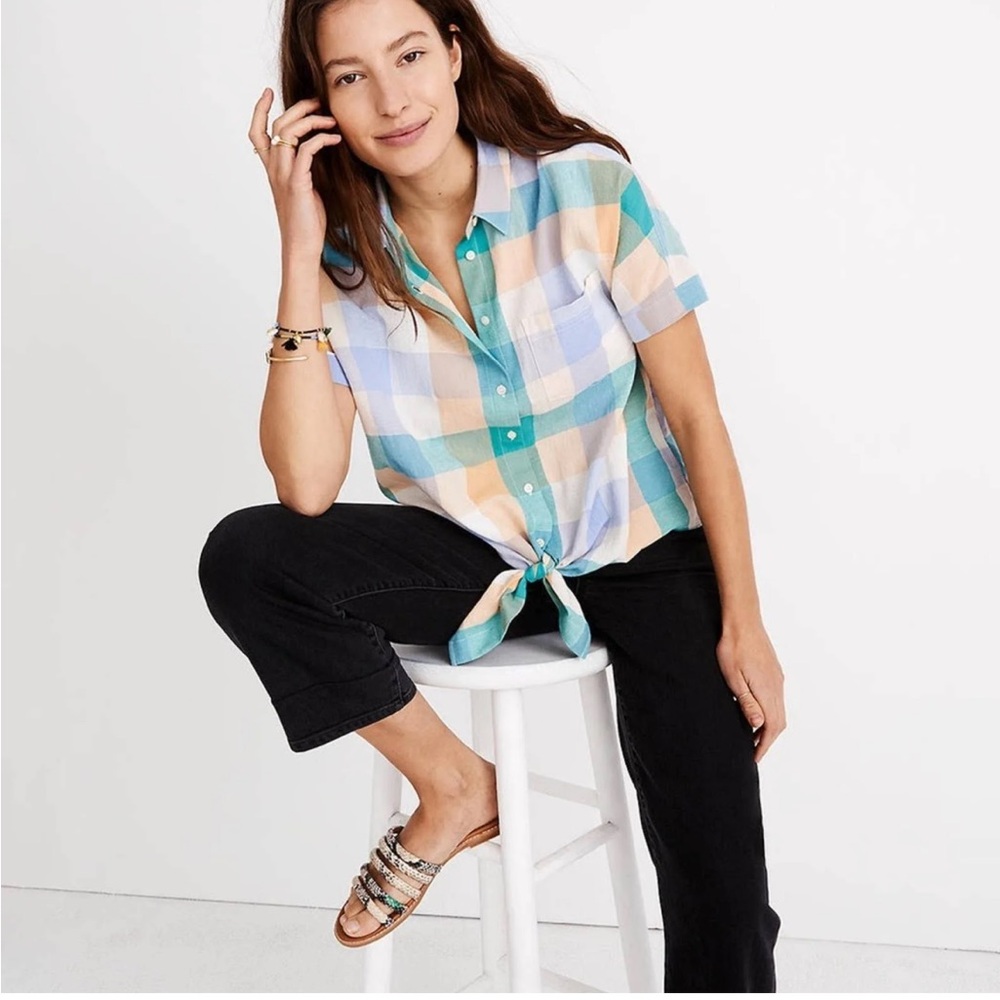 Madewell Gingham Linen Cotton Tie Front Shirt Short Sleeve NWT - Picture 4 of 11